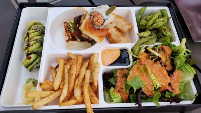 A combo meal featuring both burger and sushi. Includes Special Burger Slider (Choices on menu), Fries, Edamae, Gyoza, Ginger Salad, and choice of 4 pc Specialty Roll (Choices on menu).