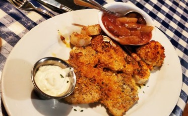 Fried Seafood Platter with cod, scallops, oysters, shrimp, and clam strips, served with tartar sauce &  cocktail sauce
