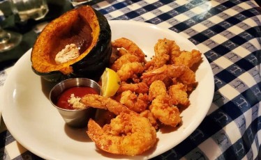 Fried Shrimp with cocktail sauce and butternut squash side special