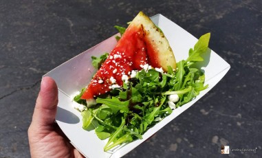 Watermelon Salad - grilled watermelon on a bed of arugula, topped with feta cheese and a balsamic drizzle. So refreshing on a hot day! Market Square