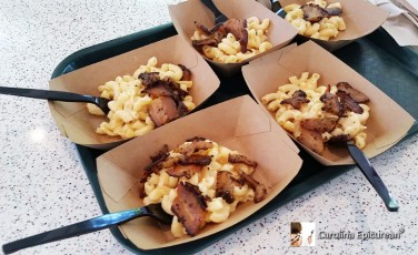 These are sample sizes of Pork Belly Mac N Cheese. Creamy mac n cheese topped with grilled pork belly. Market Square