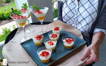Sample sizes in front of full portions. Passion Panna Cotta-Coconut Dacquoise with Passion Fruit Gelee, topped with Mango Chutney. Oh so good!!! DreamMore Resort