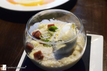Arroz con Leche (rice pudding) with guava cubes and coconut