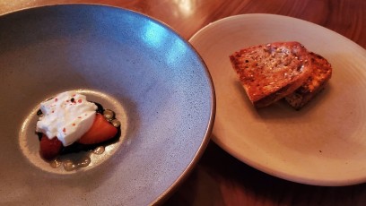 Burrata and Strawberries: local strawberries, onion marmalade, verjus, pink peppercorn, charred leek oil, with whole grain toast. (HALF PORTION) PREVIOUS MEAL