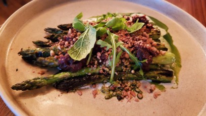 Grilled Spring Asparagus: buttermilk cheese, tomato relish, pine nuts & spices, garnished with arugula. PREVIOUS MEAL