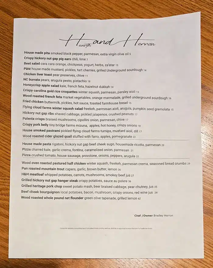 Hearth and Herron Menu